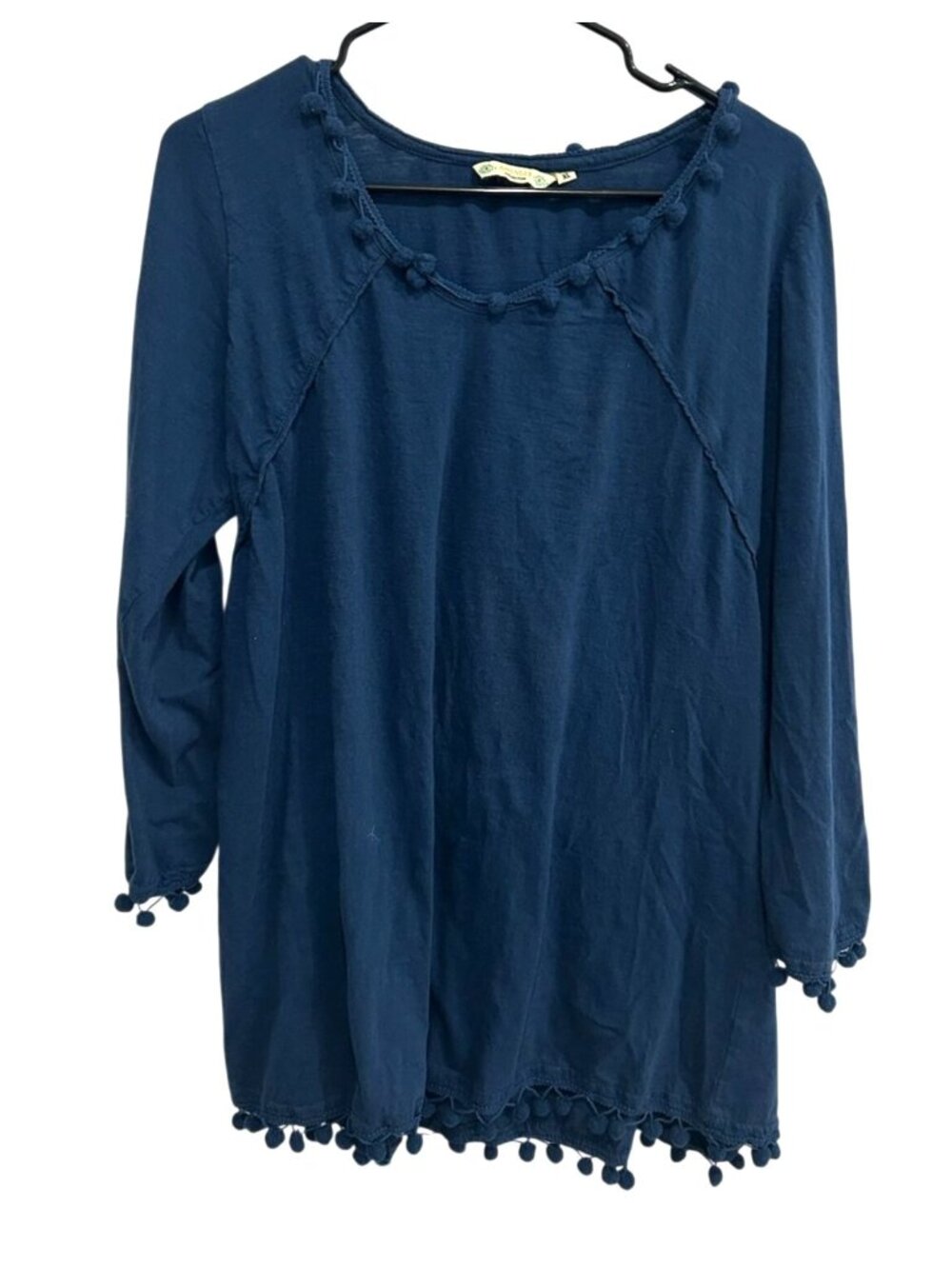 Anandas Collection XL Navy Blue Pom-Pom Trim Tunic Top Boho Chic Whimsical
